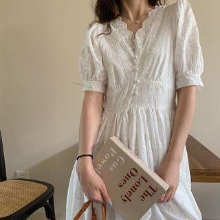 Puff Short-sleeve V-neck Lace Plain Dress