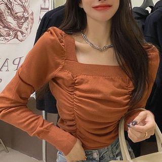 Long-sleeve Square-neck Ruched Knit Crop Top