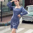 Long-sleeve Square-neck Ruched Mini Bodycon Dress