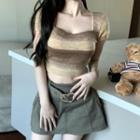 Short-sleeve Striped Knit Top / Heart Buckle Mini Skirt