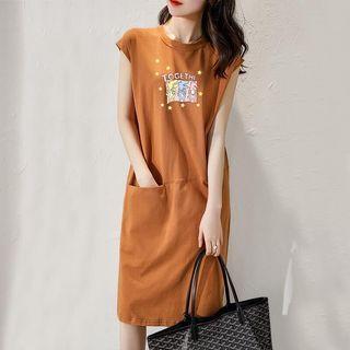 Cap-sleeve Crew Neck Cartoon Print Midi Shift Dress
