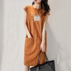 Cap-sleeve Crew Neck Cartoon Print Midi Shift Dress