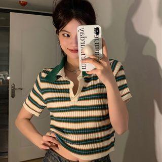 Short-sleeve Striped Ribbed Polo Knit Top Stripes - Green - One Size