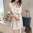 Elbow-sleeve Flap-pocket Belted Mini Shirtdress