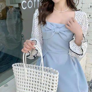 Long-sleeve Square Neck Dotted Panel A-line Dress