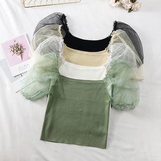 Mesh-sleeved Summer-knit Crop Top