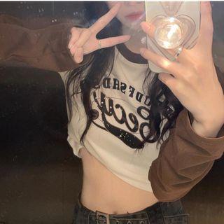 Long-sleeve Lettering Cropped Reglan T-shirt White & Coffee - One Size