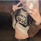 Long-sleeve Lettering Cropped Reglan T-shirt White & Coffee - One Size