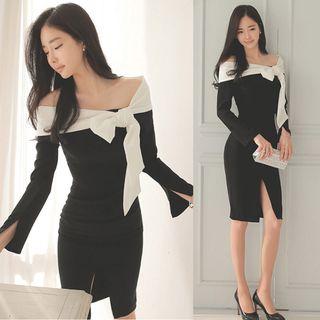 Bow Detail Two-tone Off-shoulder Bodycon Dress