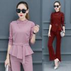 Set: Frilled Trim Lace Top + V-neck Vest + Cropped Boot-cut Pants