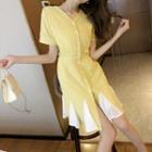 V-neck Single-breasted Pleated A-line Dress Yellow - One Size