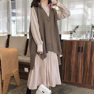 Long-sleeve Midi Collared Dress / Plain V-neck Knit Vest