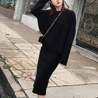 Set: Long-sleeve Plain Knit Sweater + A-line Midi Skirt