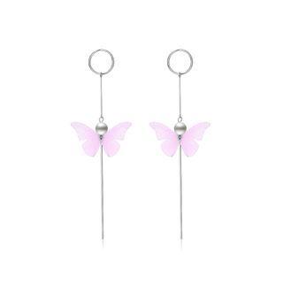 925 Sterling Silver Elegant Sweet And Romantic Pink Lace Butterfly Long Tassel Earrings Silver - One Size