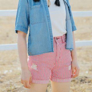 Distressed Pinstripe Roll-up Shorts