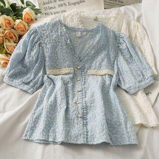 Puff-sleeve Embroidered V-neck Shirt
