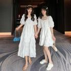 Crinkled Puff-sleeve Square-neck A-line Dress