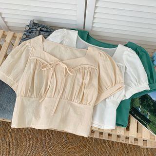 Square-neck Ribbon-accent Crop Blouse