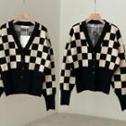 V-neck Checkerboard Cardigan White & Black - One Size