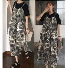 Elbow-sleeve T-shirt / Spaghetti Strap Patterned Midi Dress