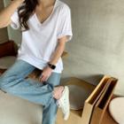 Plunge-neck Plain T-shirt Ivory - One Size