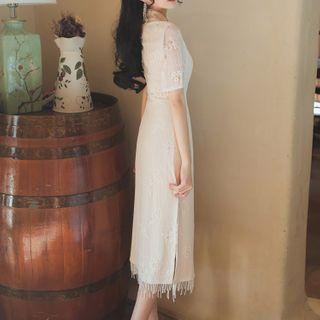 Pearl Fringed Lace Qipao Dress