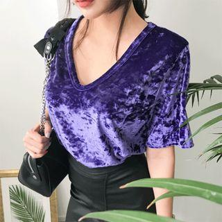 V-neck Short-sleeve Velvet T-shirt