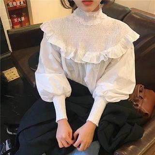 Plain Mock-neck Ruffle Long-sleeve Blouse