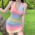 Halter Rainbow Knit Dress Pink & Blue & Yellow - One Size