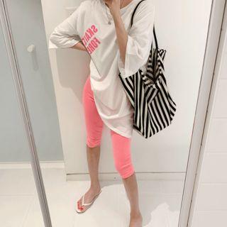 Set: Letter Print Loose-fit T-shirt + Short Leggings