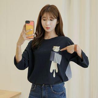 Illustration-printed Stripe-panel T-shirt