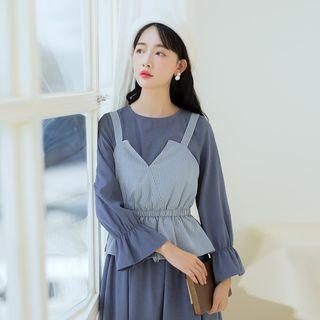 Set: Striped Camisole Top + Crew-neck Long-sleeve A-line Dress