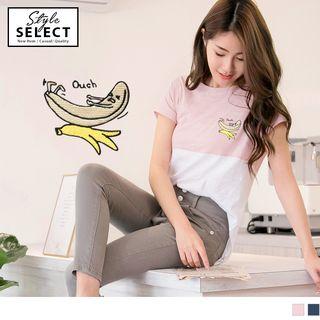 Banana Embroidered Short-sleeve Color-block T-shirt