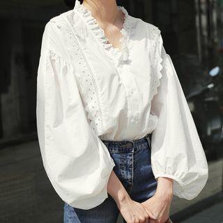 Eyelet Lace Trim Balloon-sleeve Blouse