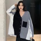 Long-sleeve V Neck Color Panel Knit Jacket As Shown In Figure - One Size