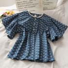 Lace-neckline Printed Loose Blouse Blue - One Size