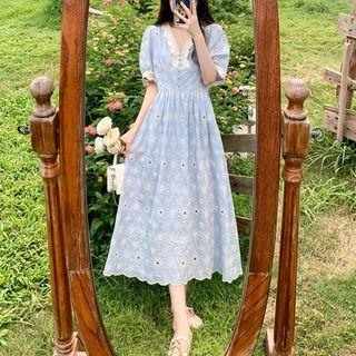 Puff-sleeve Embroidered Eyelet Midi A-line Dress