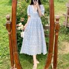 Puff-sleeve Embroidered Eyelet Midi A-line Dress