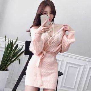 Tie-waist V-neck Ribbed Mini Sweater Dress