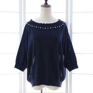 Faux Pearl Scallop Trim Sweater