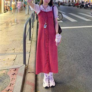 Spaghetti Strap Plaid Midi A-line Dress / Short-sleeve Shirt