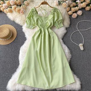 Short-sleeve Square-neck Halter Plaid Dress