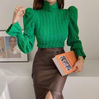Puff-sleeve Drawstring-side Lace Blouse