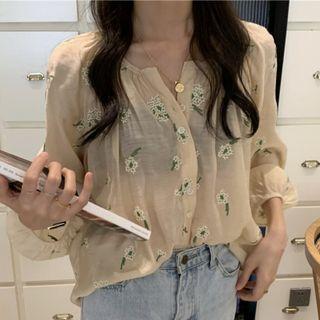 Embroidered Single-breasted Blouse Almond - One Size