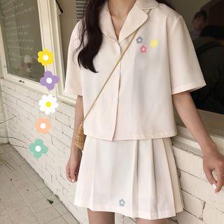 Short-sleeve Flower Print Shirt / Pleated Skirt