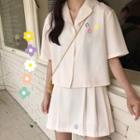 Short-sleeve Flower Print Shirt / Pleated Skirt