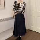 Striped Long-sleeve Knit Top / Denim A-line Midi Skirt