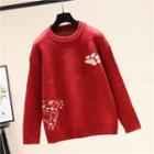 Round Neck Drop Shoulder Plain Print Sweater Red - One Size