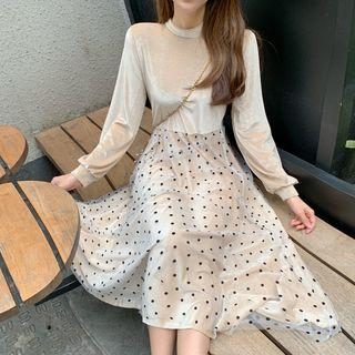 Dotted Mesh Panel Velvet Midi Dress