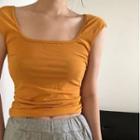 Square Neck Plain Short Sleeve Skinny Top Curcumin - One Size